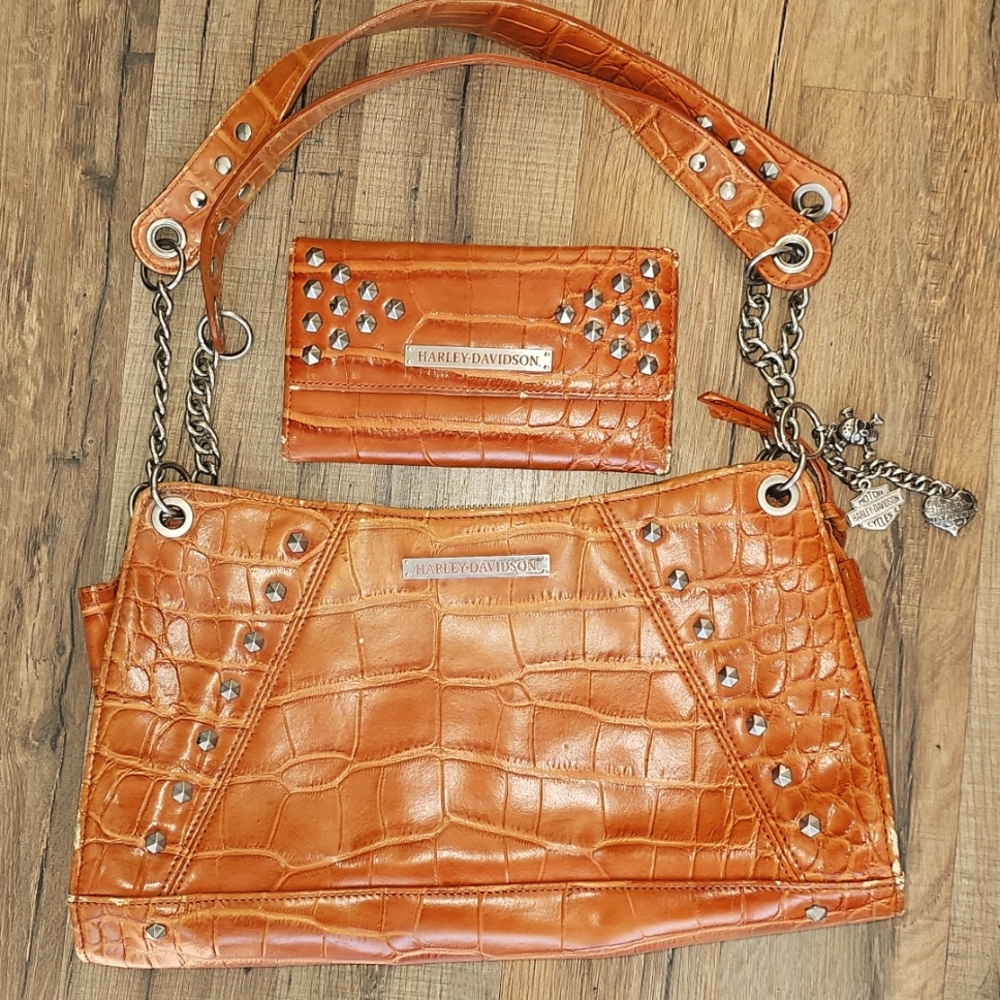 Harley-Davidson Orange Croc Shoulder Bag with Silver Accents
